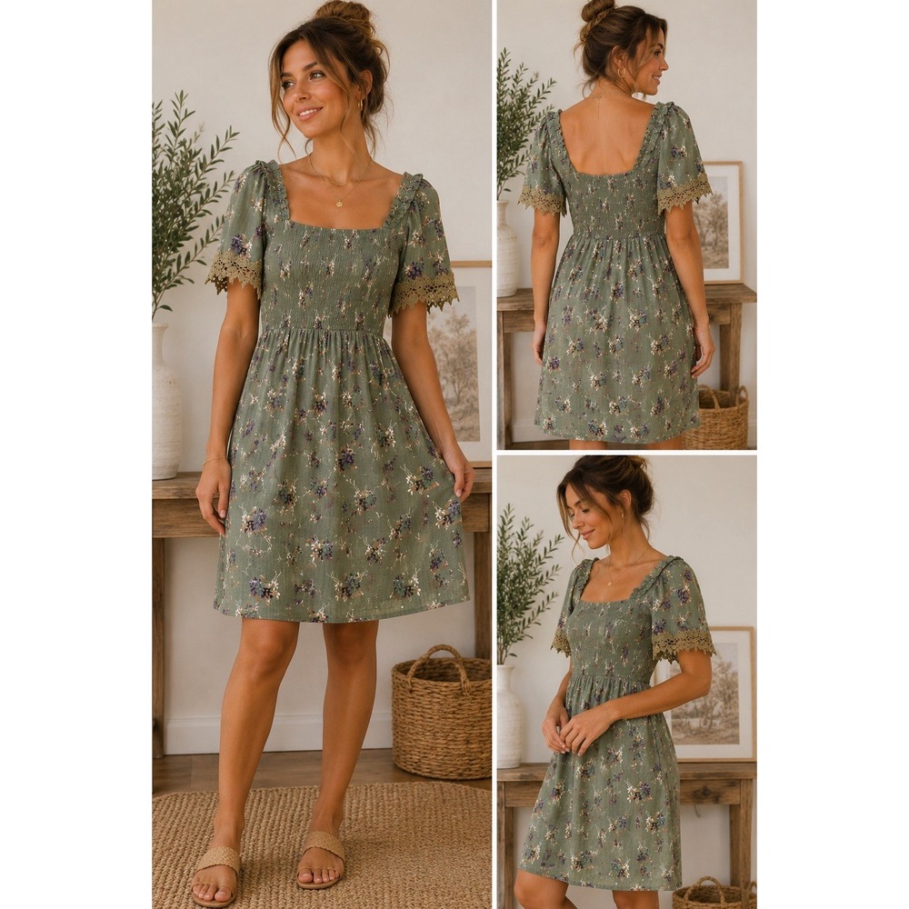 POL Sage Green Floral Smocked Midi Dress Lace Trim Cottagecore Boho Prairie Smal